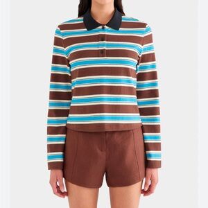NWOT VENROY Striped Long Sleeve Jersey Polo Cropped Long Sleeve Shirt